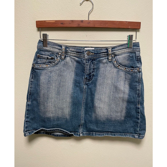 No Boundaries Juniors Mini Skirt Size 7 Denim Low Rise Rhinestone Rave Club Y2K - Picture 1 of 6